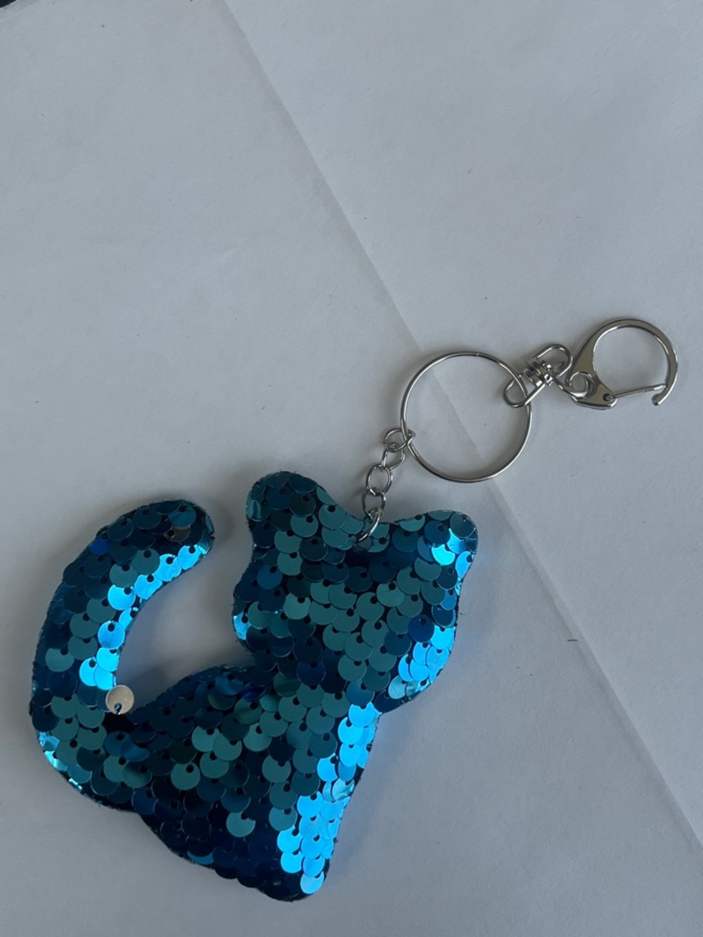 Sequin Cat Keychain Charm in Shimmering Blue Hand Crafted - Picture 3 of 4